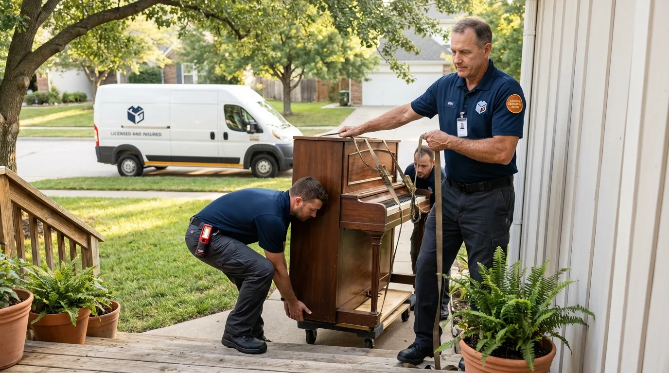 Licensed piano movers securing grand piano in Zapata, TX